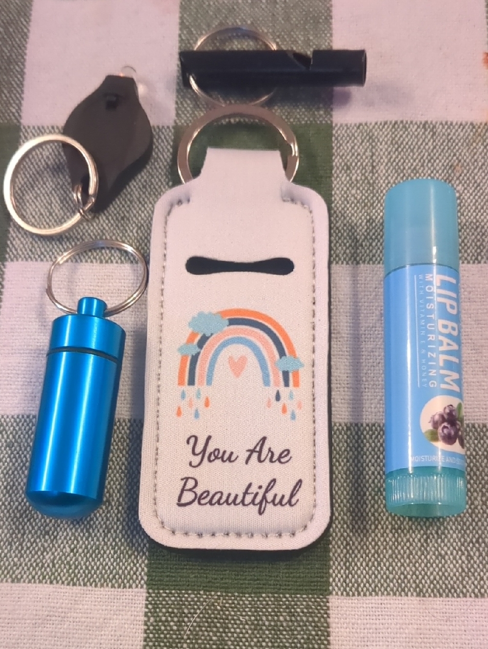 You Are Beautiful Keychain, Lip Balm, Pill Container, Light & Whistle